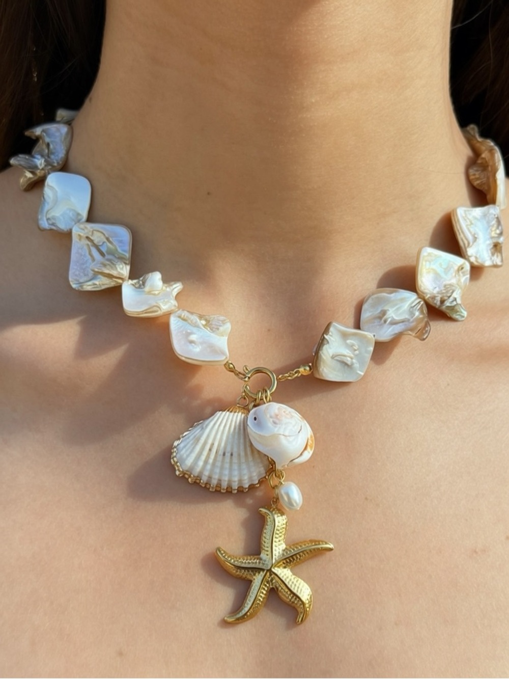 Sea Pearl Shell Charm Necklace - White Gold Accent